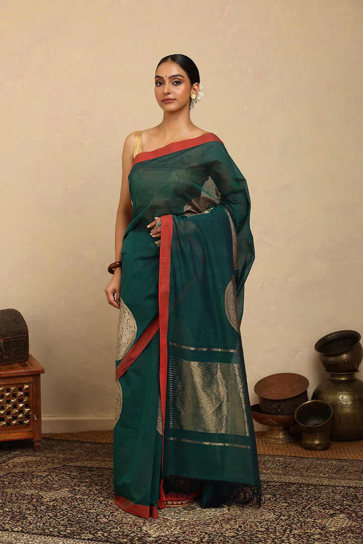 Handloom Dark Green Coin Motifs Kanchi Cotton Saree | SHOBITAM
