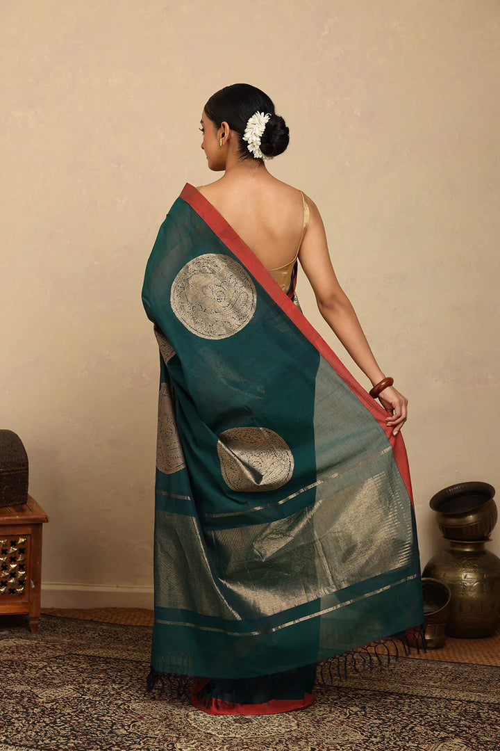 Handloom Dark Green Coin Motifs Kanchi Cotton Saree | SHOBITAM