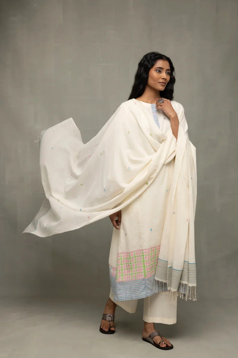 Ivory White Geometric Jamdani Kurta Set With Stripes Dupatta | SHOBITAM