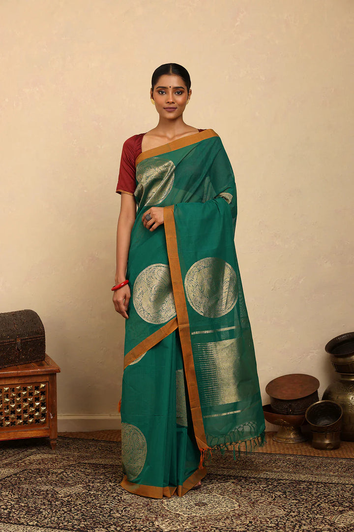 Statement Handloom Teal Cotton Sarees with Statement Mandala Motifs | SHOBITAM