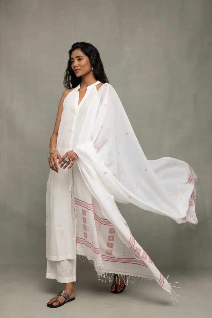 White Slub Cotton Kurta Set with Jamdani Dupatta | SHOBITAM