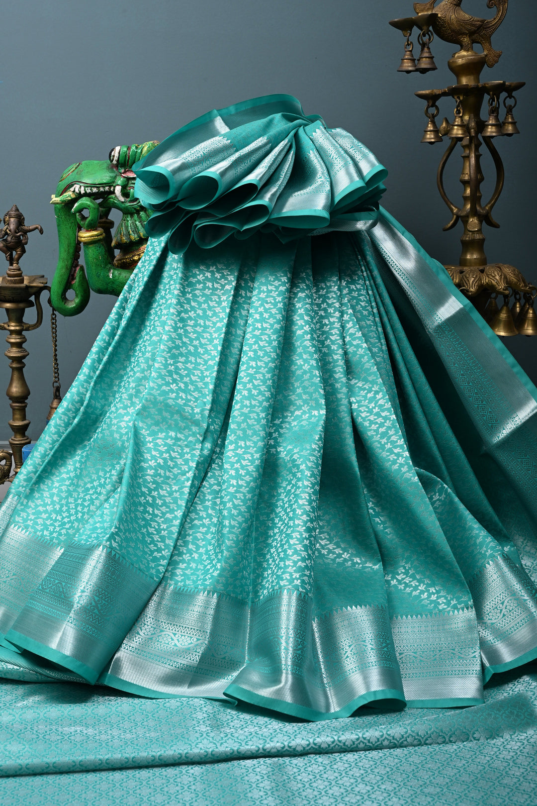 Sea Green Kanjivaram Soft Semi Silk Saree with Floral Brocade and Silver Zari Border | SHOBITAM