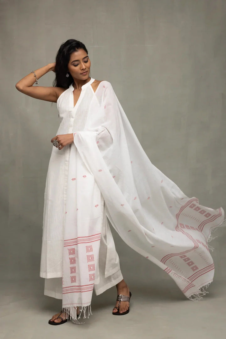 White Slub Cotton Kurta Set with Jamdani Dupatta | SHOBITAM