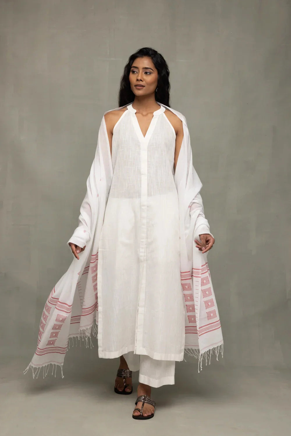 White Slub Cotton Kurta Set with Jamdani Dupatta | SHOBITAM