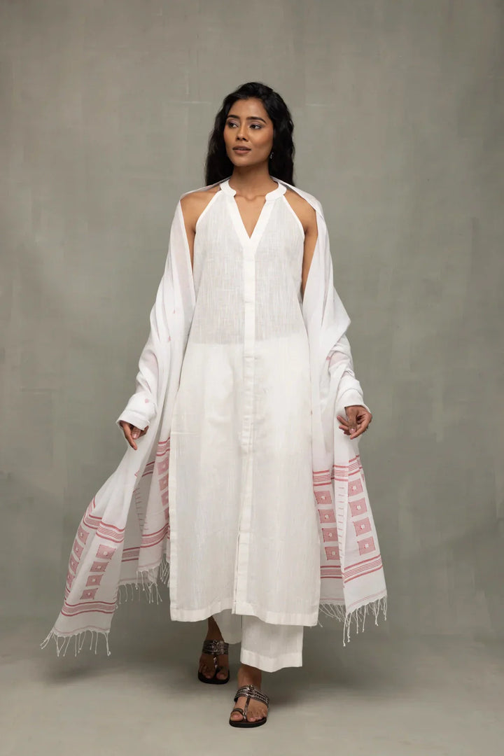 White Slub Cotton Kurta Set with Jamdani Dupatta | SHOBITAM
