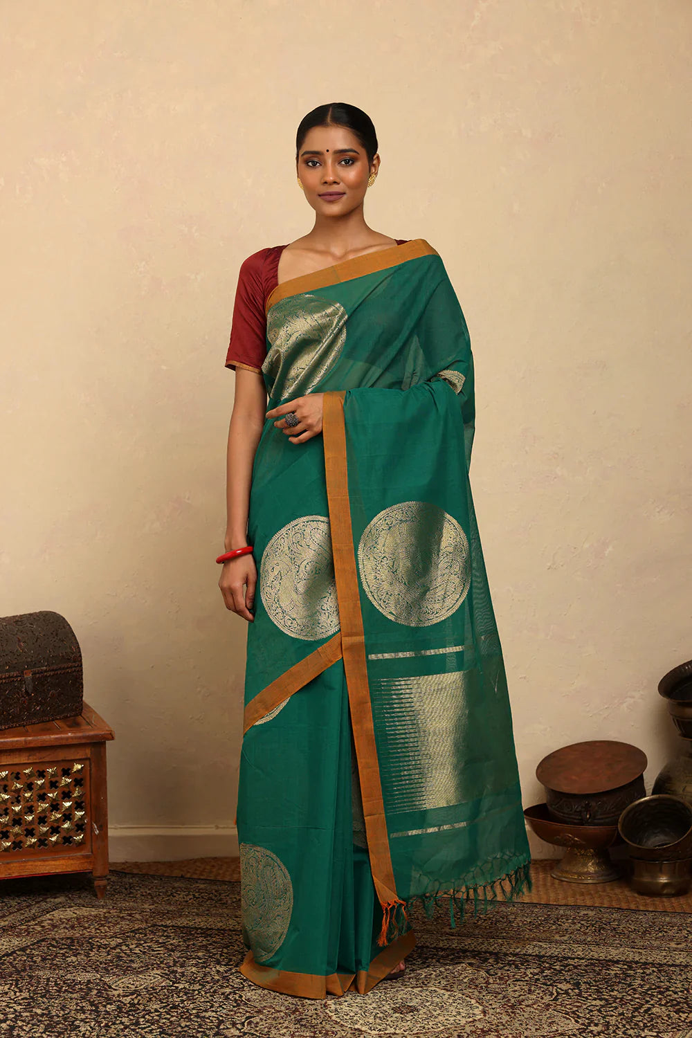 Statement Handloom Teal Cotton Sarees with Statement Mandala Motifs | SHOBITAM