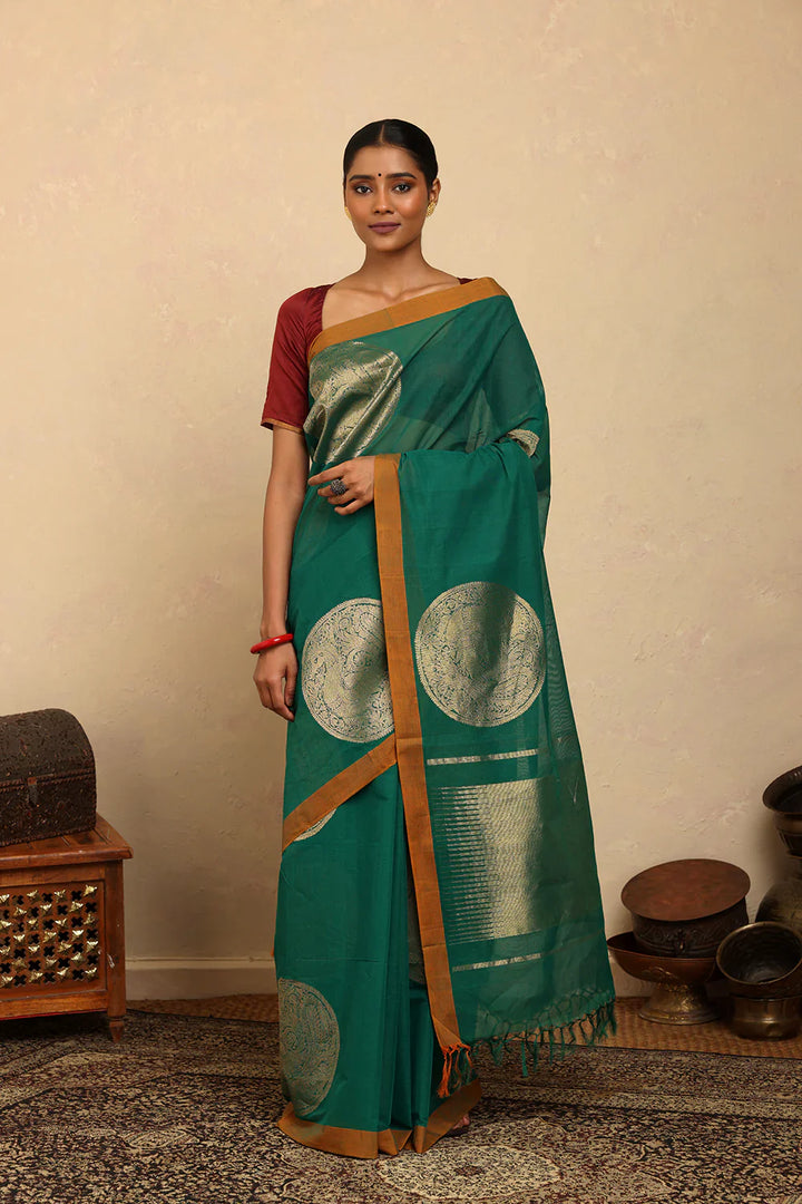Statement Handloom Teal Cotton Sarees with Statement Mandala Motifs | SHOBITAM