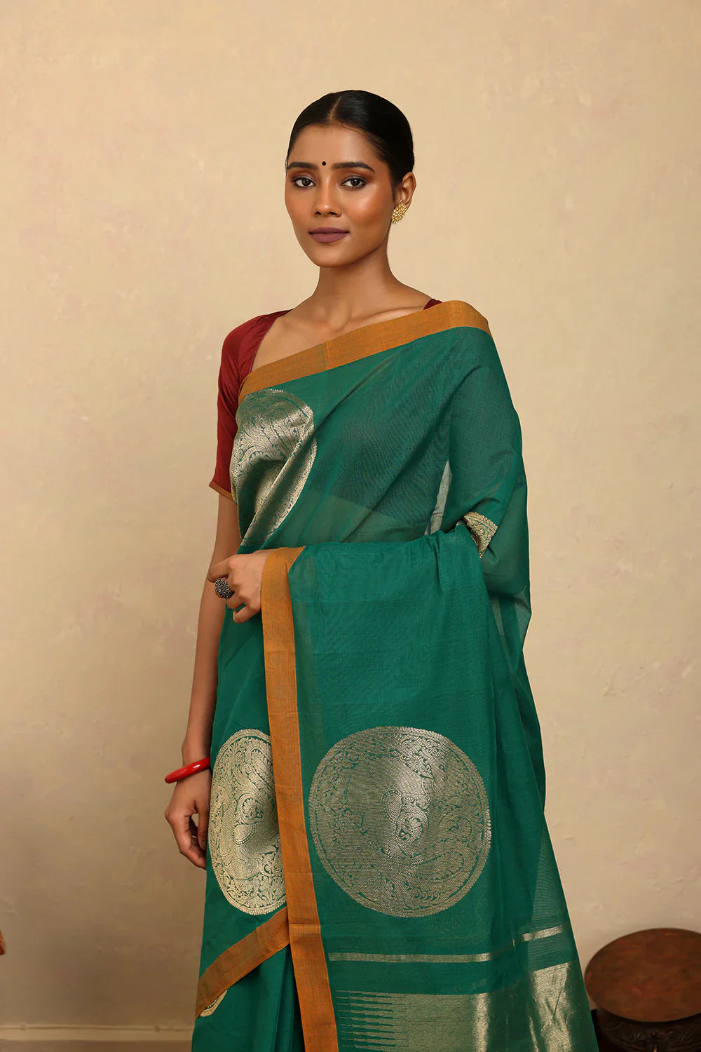 Statement Handloom Teal Cotton Sarees with Statement Mandala Motifs | SHOBITAM