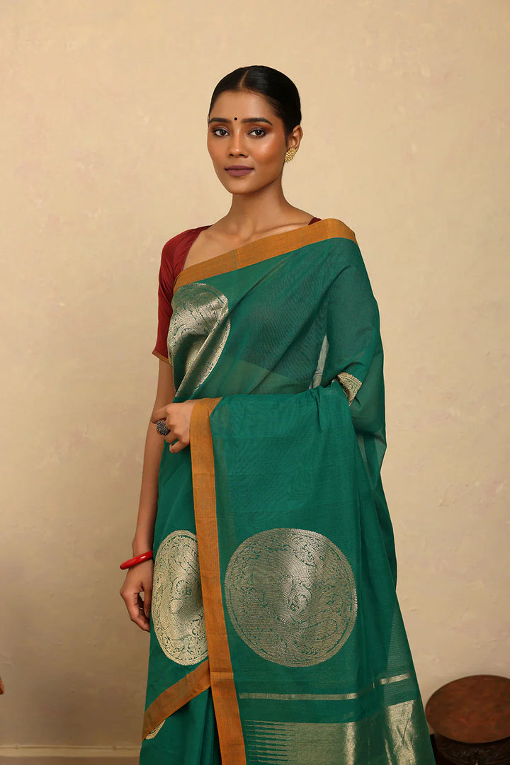 Statement Handloom Teal Cotton Sarees with Statement Mandala Motifs | SHOBITAM