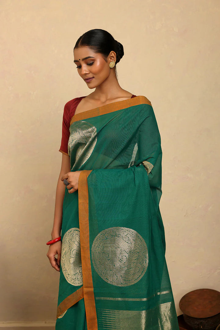 Statement Handloom Teal Cotton Sarees with Statement Mandala Motifs | SHOBITAM