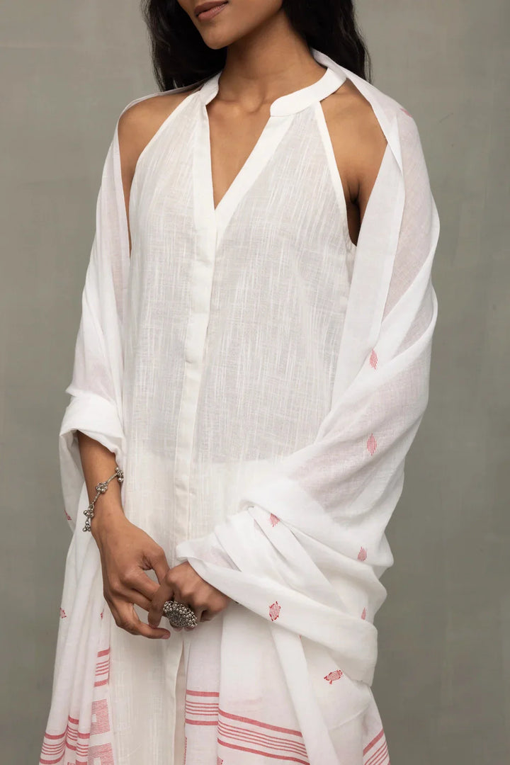 White Slub Cotton Kurta Set with Jamdani Dupatta | SHOBITAM