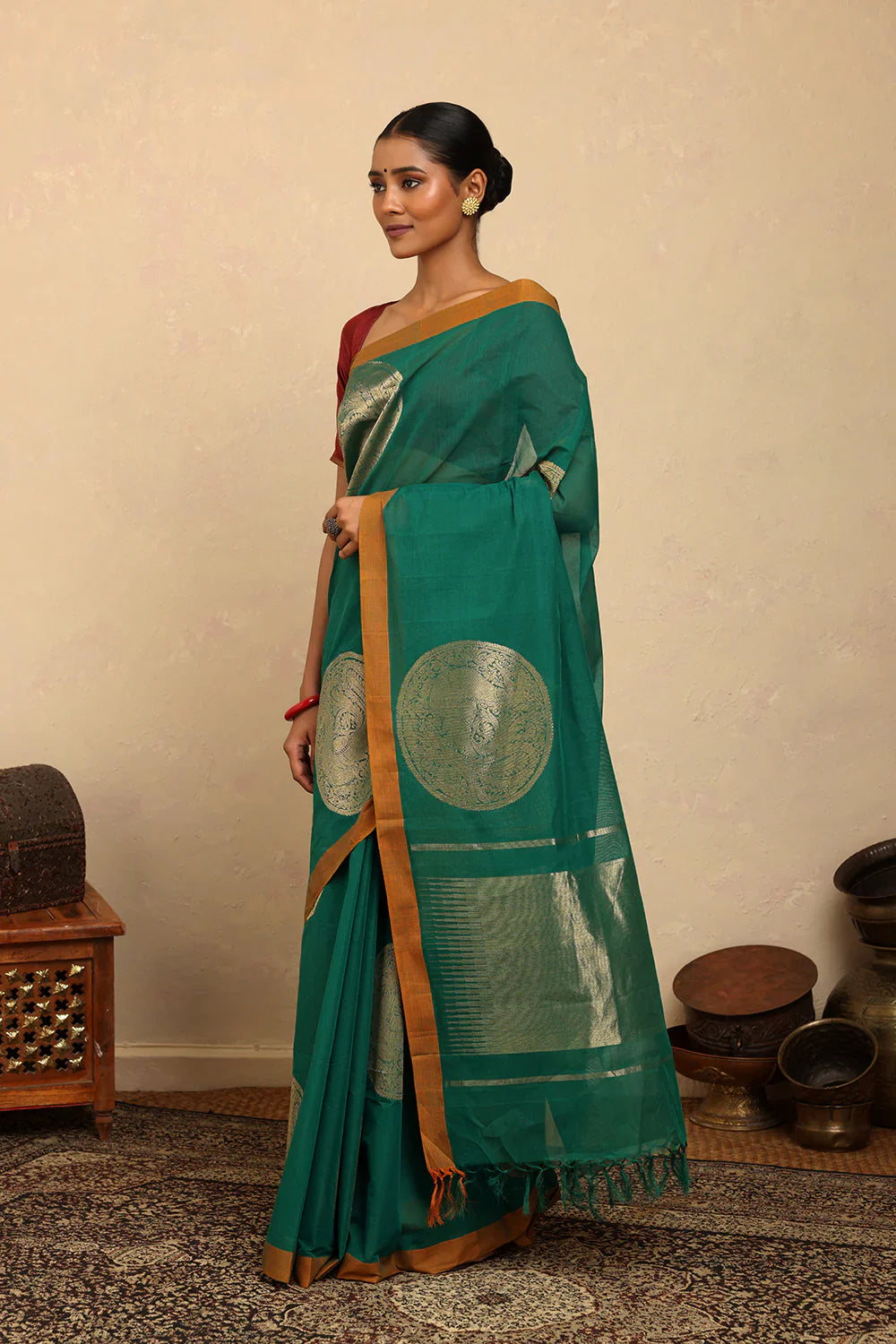 Statement Handloom Teal Cotton Sarees with Statement Mandala Motifs | SHOBITAM
