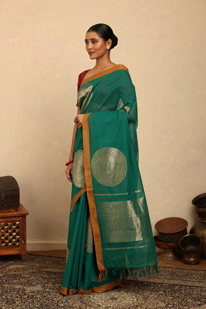 Statement Handloom Teal Cotton Sarees with Statement Mandala Motifs | SHOBITAM