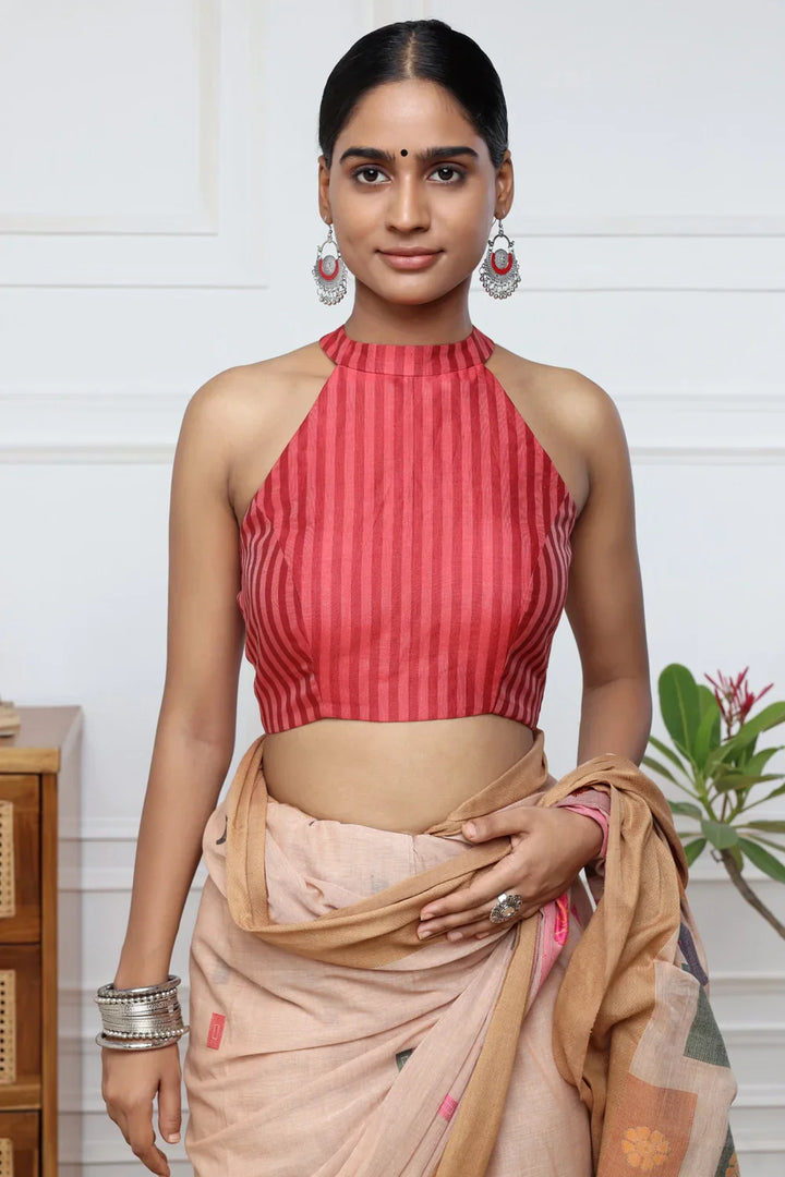 Crimson Red Stripes Blouse with halter neck | SHOBITAM