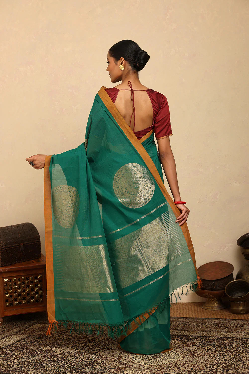Statement Handloom Teal Cotton Sarees with Statement Mandala Motifs | SHOBITAM