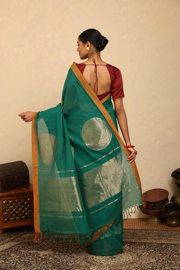 Statement Handloom Teal Cotton Sarees with Statement Mandala Motifs | SHOBITAM