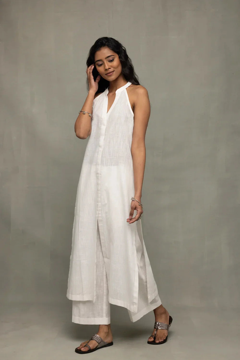 White Slub Cotton Kurta Set with Jamdani Dupatta | SHOBITAM