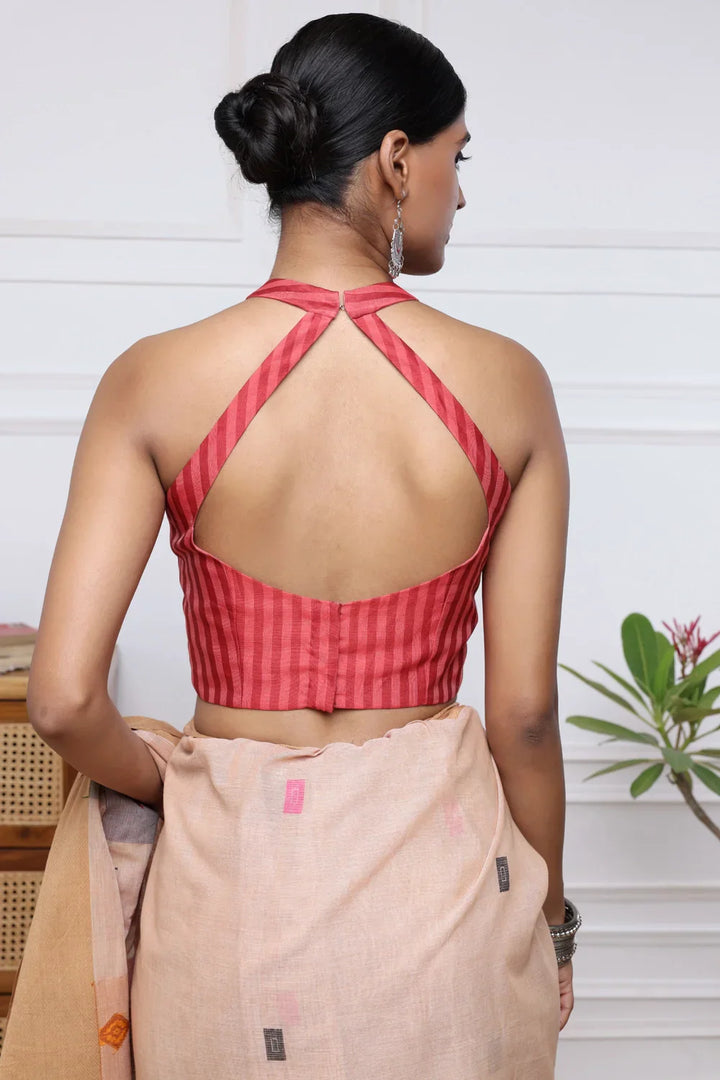 Crimson Red Stripes Blouse with halter neck | SHOBITAM