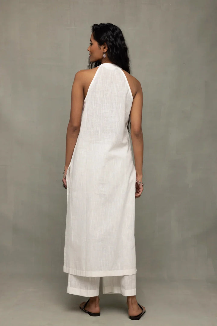 White Slub Cotton Kurta Set with Jamdani Dupatta | SHOBITAM