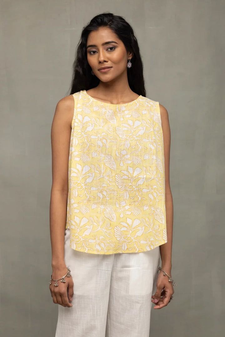 Soft Sunshine Block Print Buttoned Cotton Top | SHOBITAM