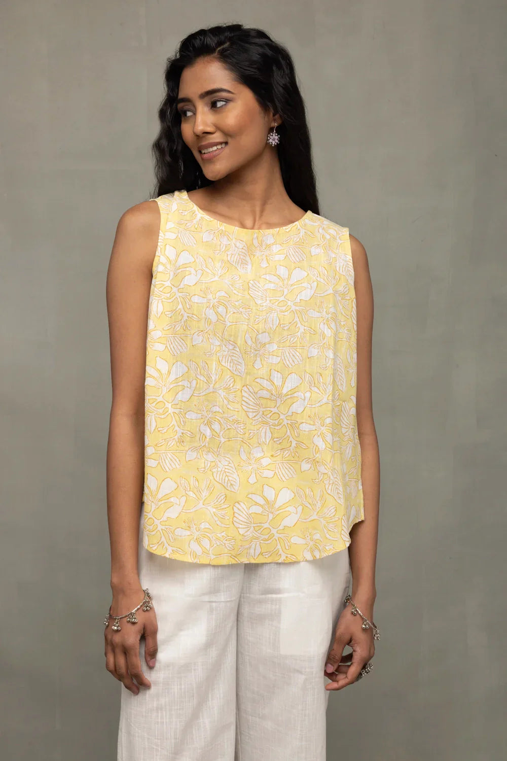 Soft Sunshine Block Print Buttoned Cotton Top | SHOBITAM