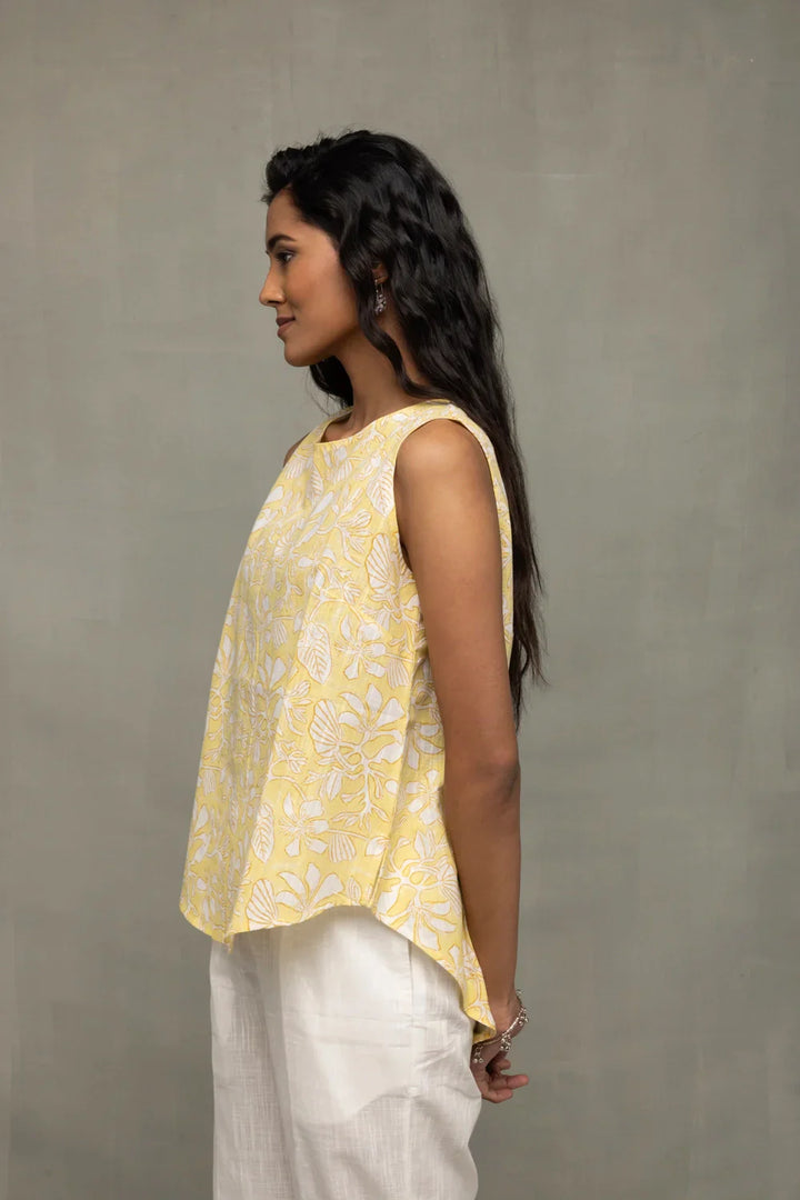 Soft Sunshine Block Print Buttoned Cotton Top | SHOBITAM