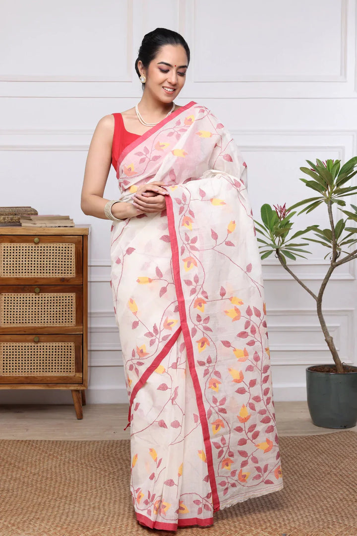 Handloom White & Red Pure Cotton Jamdani Saree | SHOBITAM