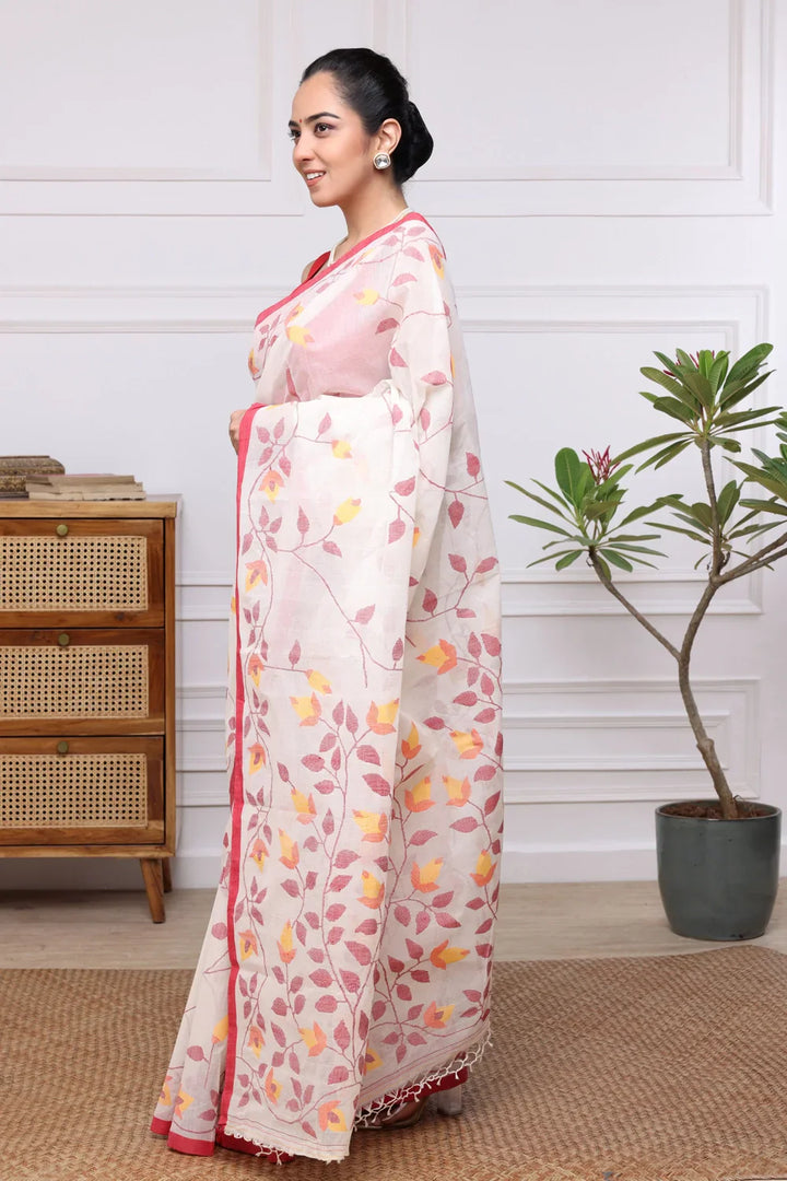 Handloom White & Red Pure Cotton Jamdani Saree | SHOBITAM