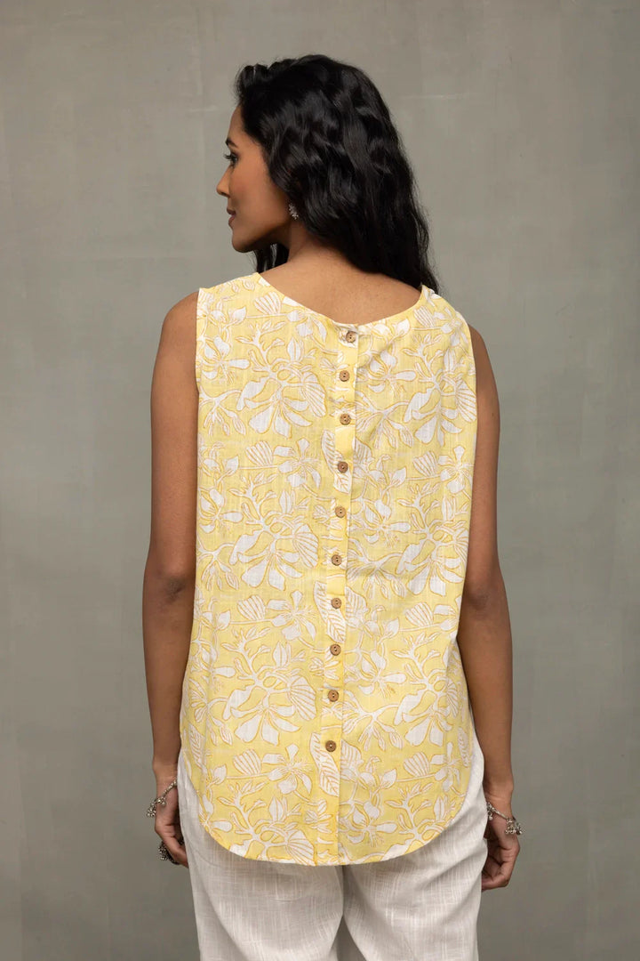 Soft Sunshine Block Print Buttoned Cotton Top | SHOBITAM