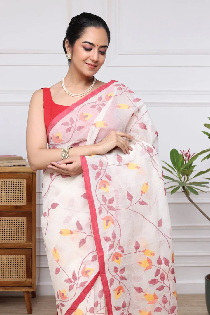 Handloom White & Red Pure Cotton Jamdani Saree | SHOBITAM