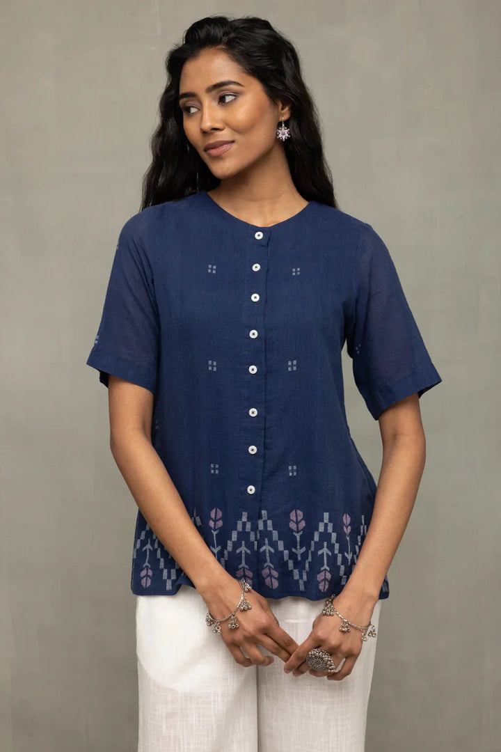 Ocean Blue Cotton Jamdani Top | SHOBITAM