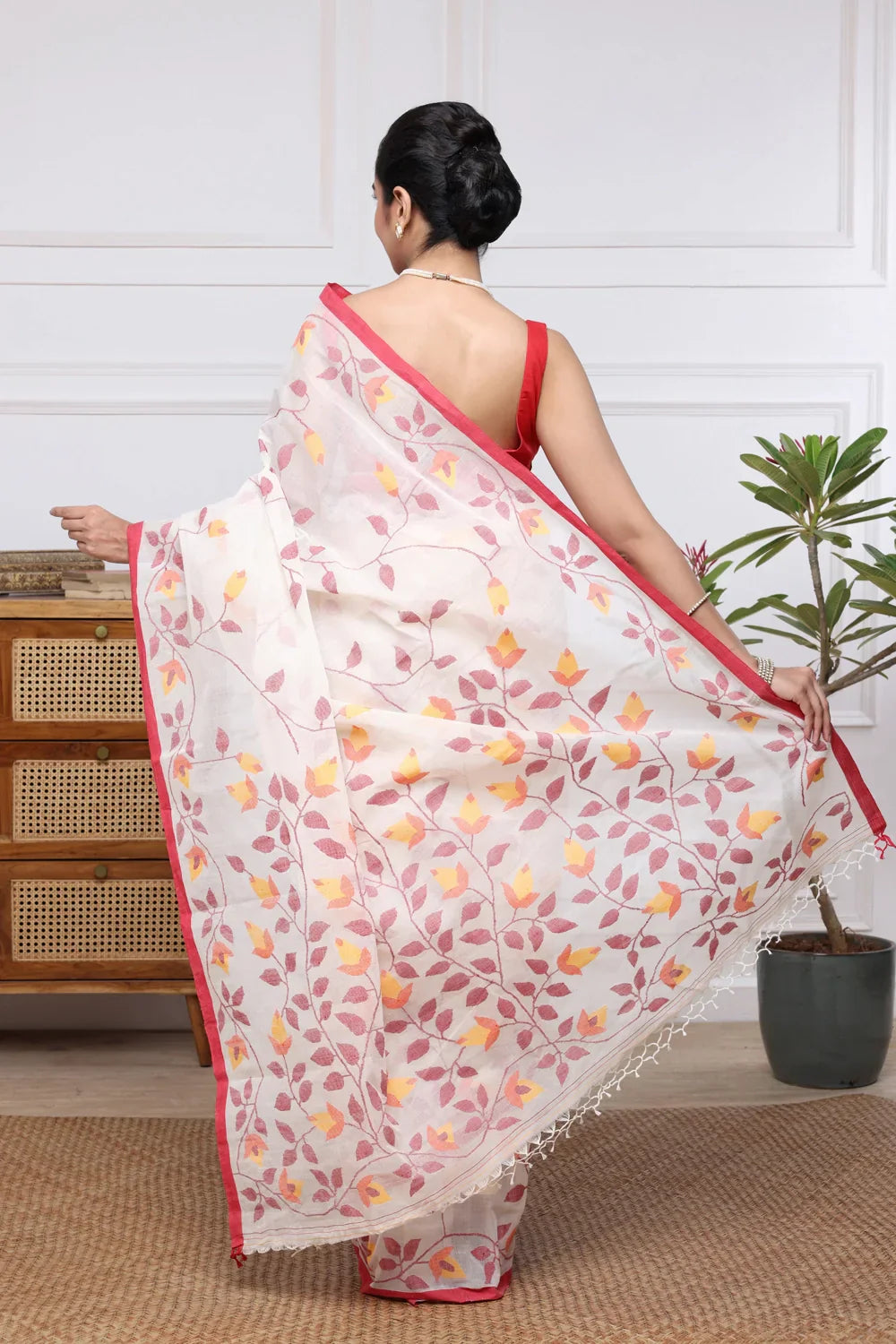 Handloom White & Red Pure Cotton Jamdani Saree | SHOBITAM