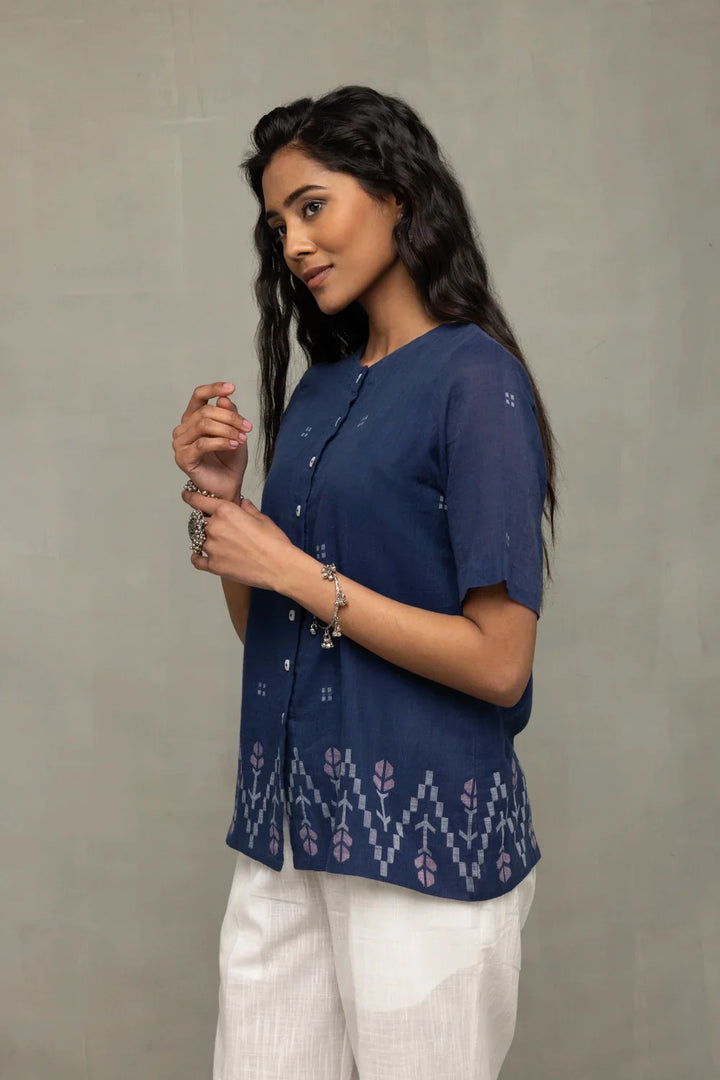 Ocean Blue Cotton Jamdani Top | SHOBITAM