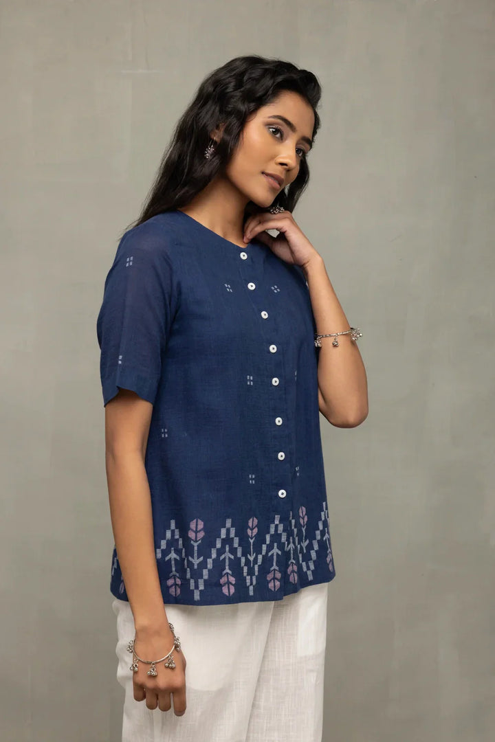 Ocean Blue Cotton Jamdani Top | SHOBITAM
