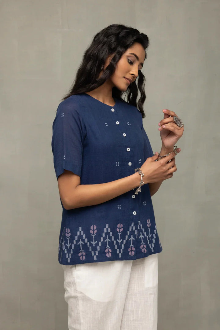 Ocean Blue Cotton Jamdani Top | SHOBITAM