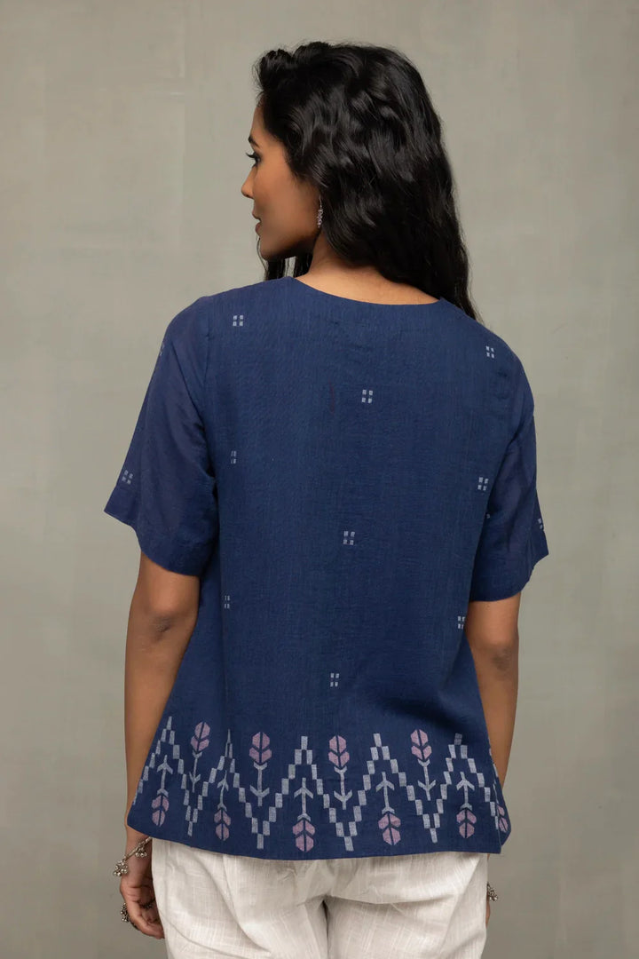 Ocean Blue Cotton Jamdani Top | SHOBITAM