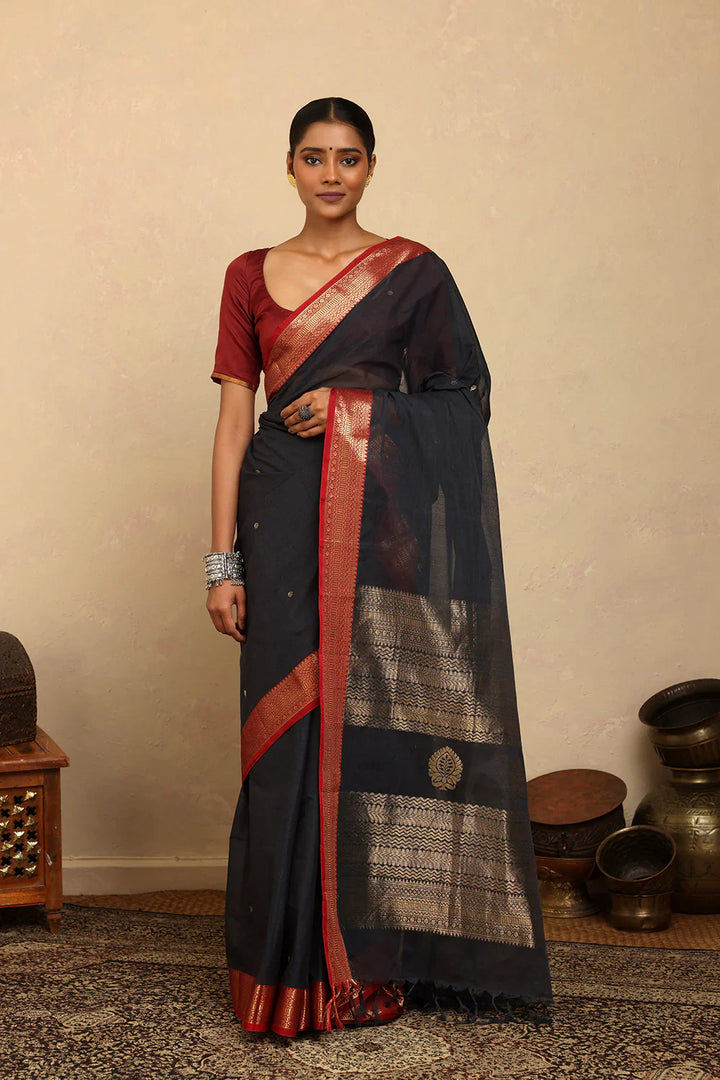 Handloom Dark Grey Kanchi Cotton Saree with Red Zari Border | SHOBITAM