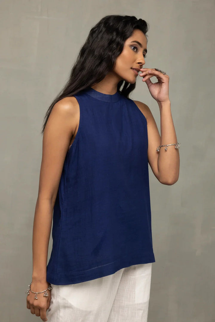 Classic Indigo Handwoven Halter Neck Top | SHOBITAM