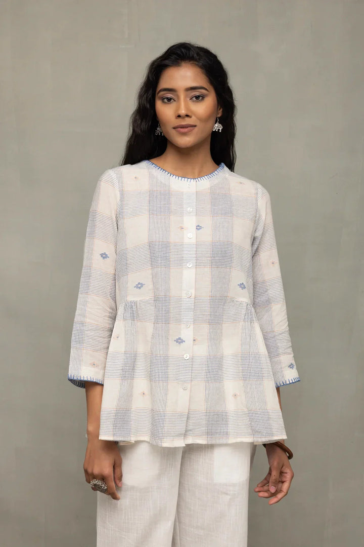 Off-White & Blue Check Jamdani Top with Zari Motifs | SHOBITAM