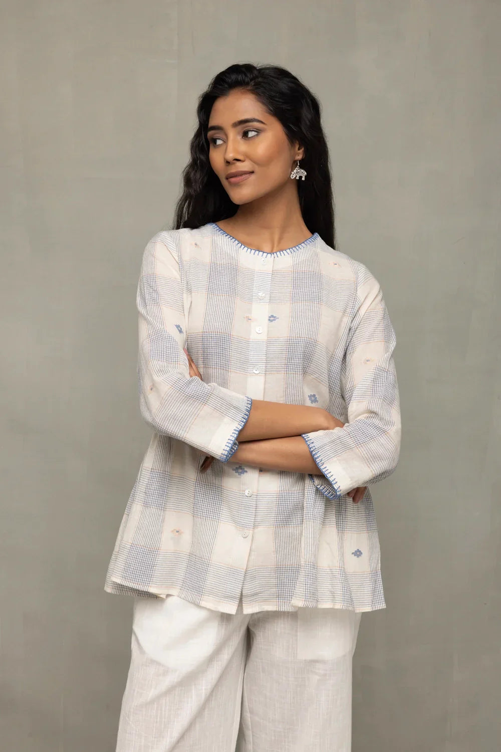Off-White & Blue Check Jamdani Top with Zari Motifs | SHOBITAM