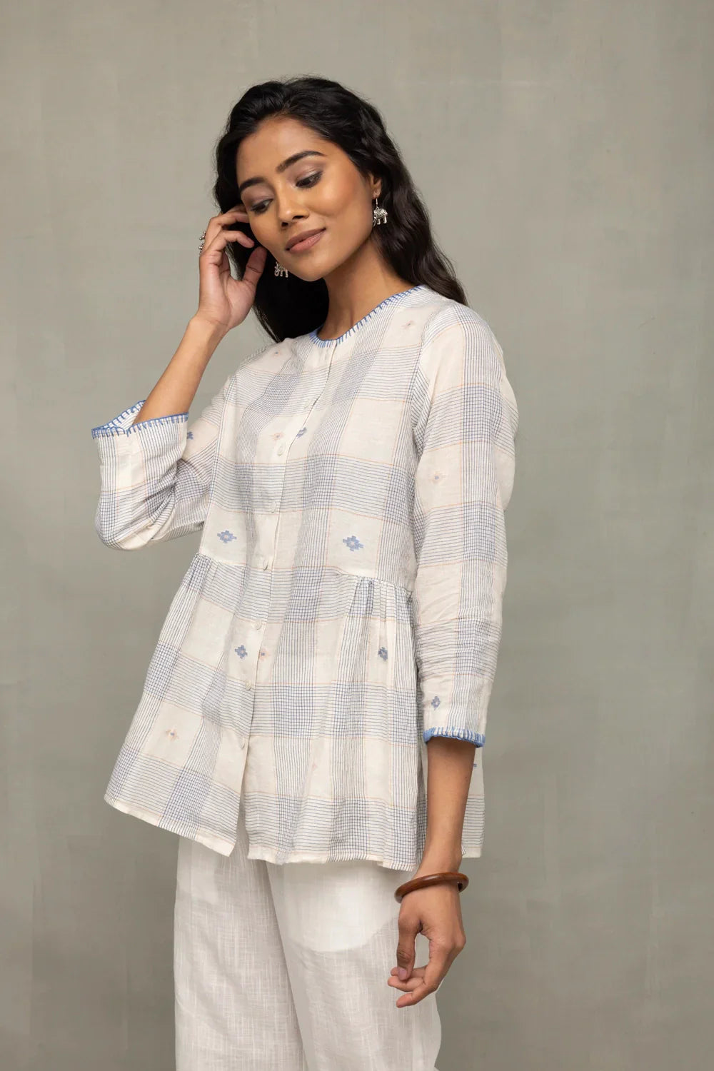 Off-White & Blue Check Jamdani Top with Zari Motifs | SHOBITAM