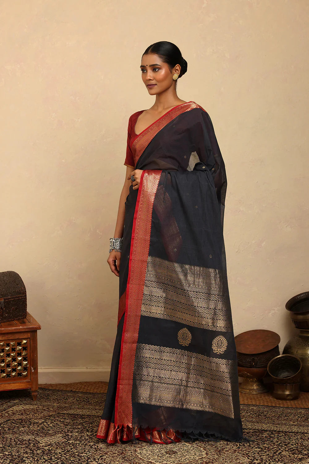 Handloom Dark Grey Kanchi Cotton Saree with Red Zari Border | SHOBITAM