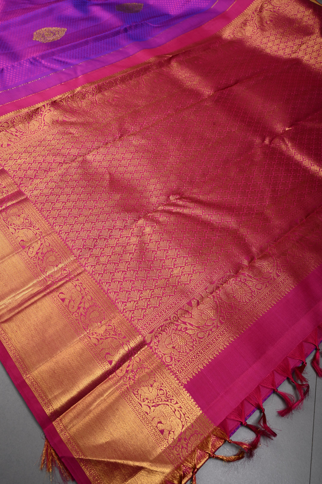 Purple Dual tone Self Brocade on Kanjivaram Pure Silk Saree with Zari Buttas and Zari Border | SILK MARK CERTIFIED | SHOBITAM