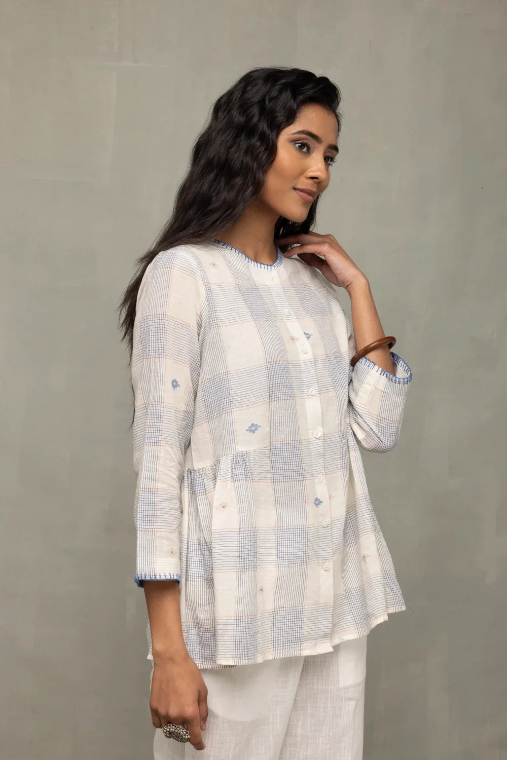 Off-White & Blue Check Jamdani Top with Zari Motifs | SHOBITAM