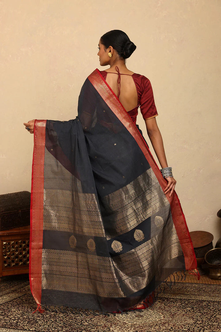 Handloom Dark Grey Kanchi Cotton Saree with Red Zari Border | SHOBITAM
