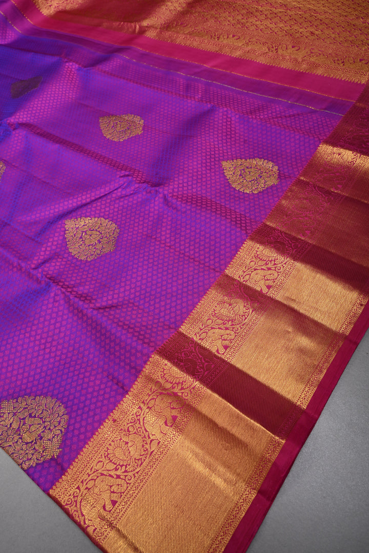 Purple Dual tone Self Brocade on Kanjivaram Pure Silk Saree with Zari Buttas and Zari Border | SILK MARK CERTIFIED | SHOBITAM