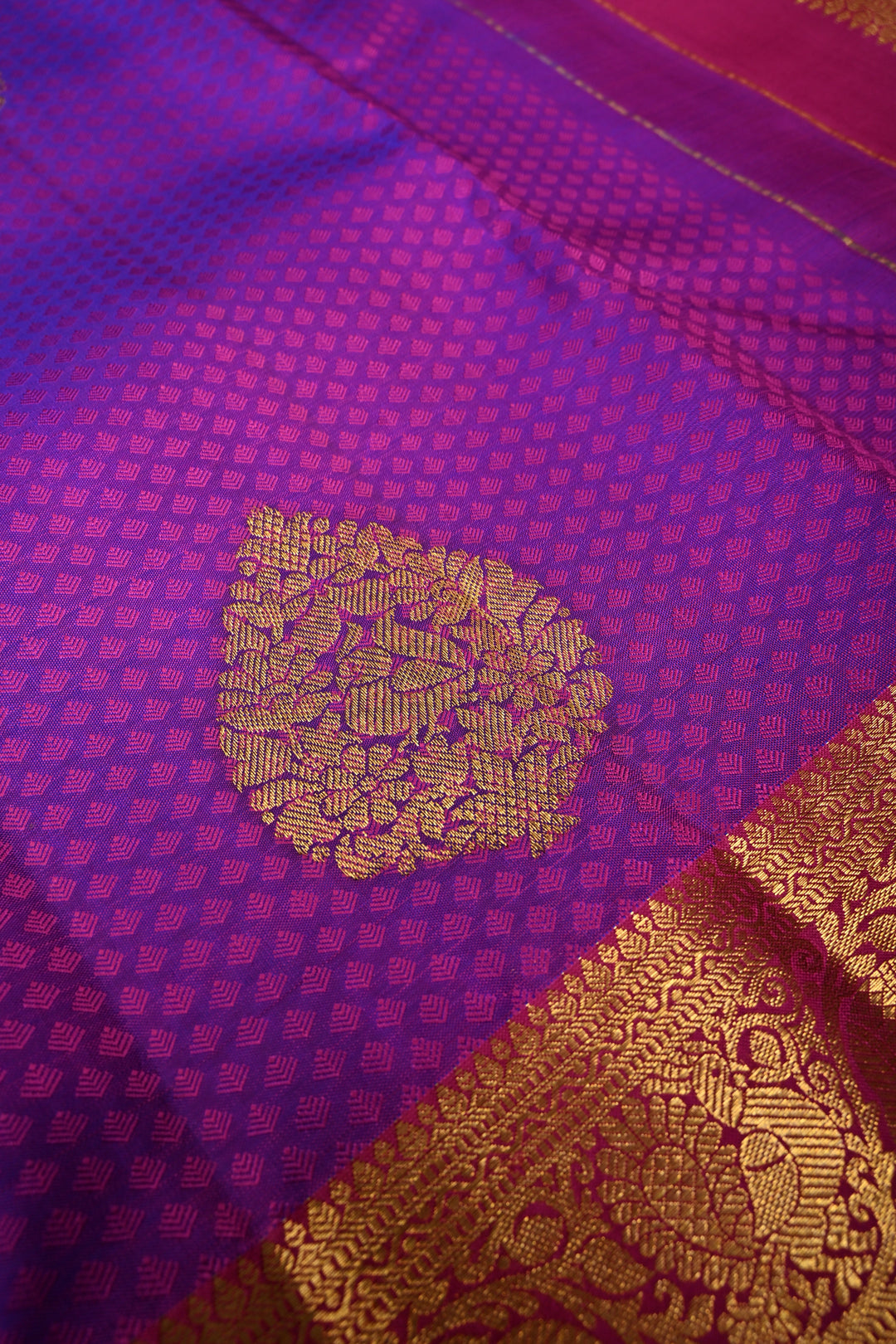 Purple Dual tone Self Brocade on Kanjivaram Pure Silk Saree with Zari Buttas and Zari Border | SILK MARK CERTIFIED | SHOBITAM