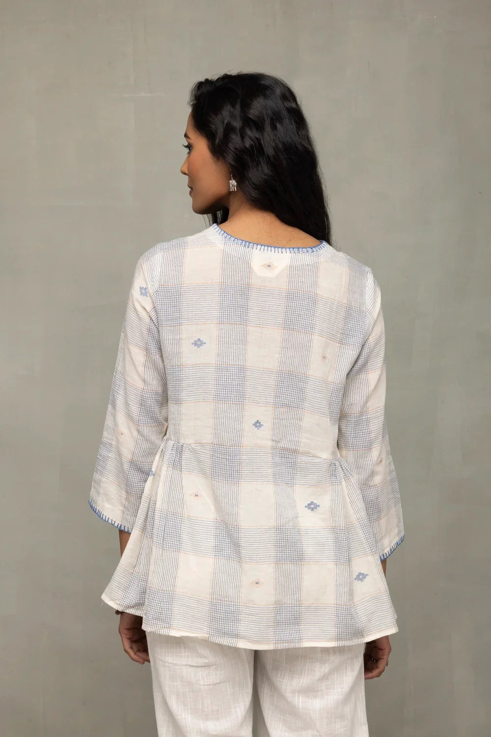 Off-White & Blue Check Jamdani Top with Zari Motifs | SHOBITAM