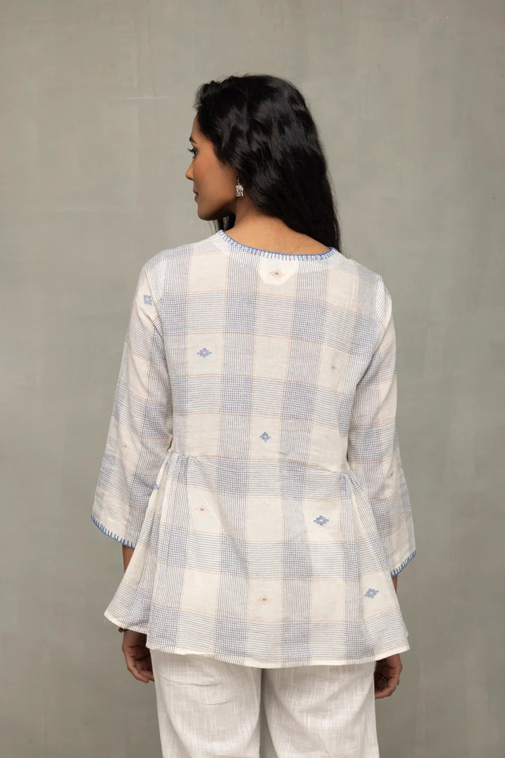 Off-White & Blue Check Jamdani Top with Zari Motifs | SHOBITAM