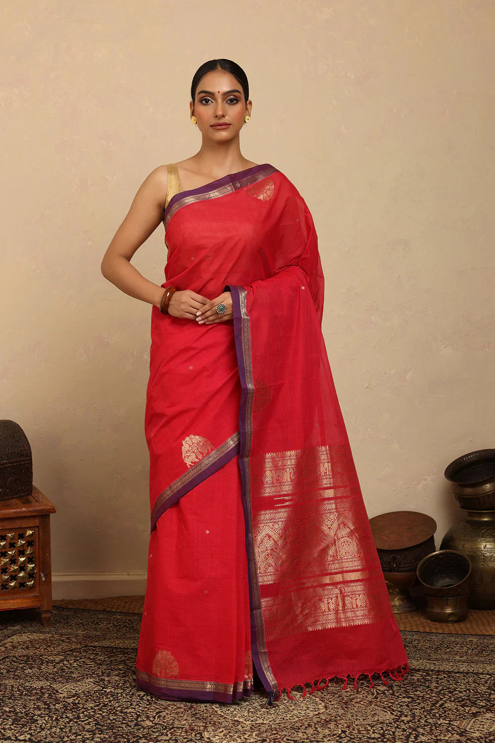 Handloom Red Gold Zari Motifs Kanchi Cotton Saree | SHOBITAM